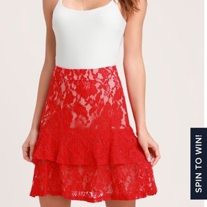Lulus red lace skirt with nude lining